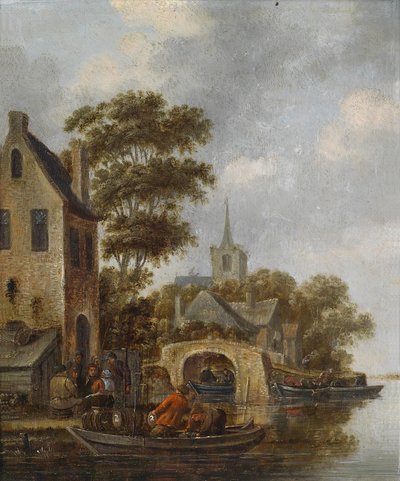 River Landscape with a Ferry Boat by Unbekannt Unbekannt